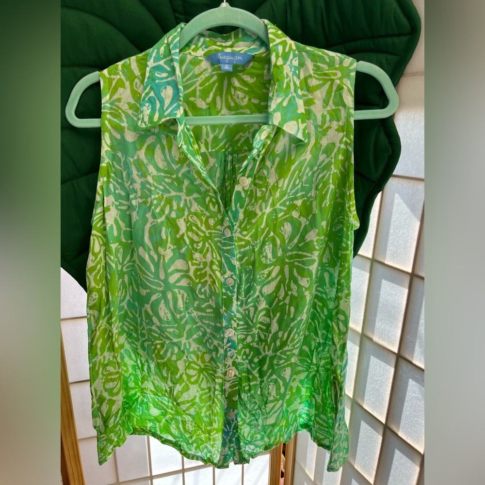Blue Ginger button down collared tank top. Lime green floral print